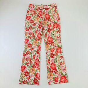 Mango linen cotton floral straight leg pant Size 4 belted Cottagecore Feminine